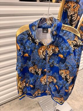 OC Style Men's Blue Tiger Print Zip Track Jacket with Gold Trim